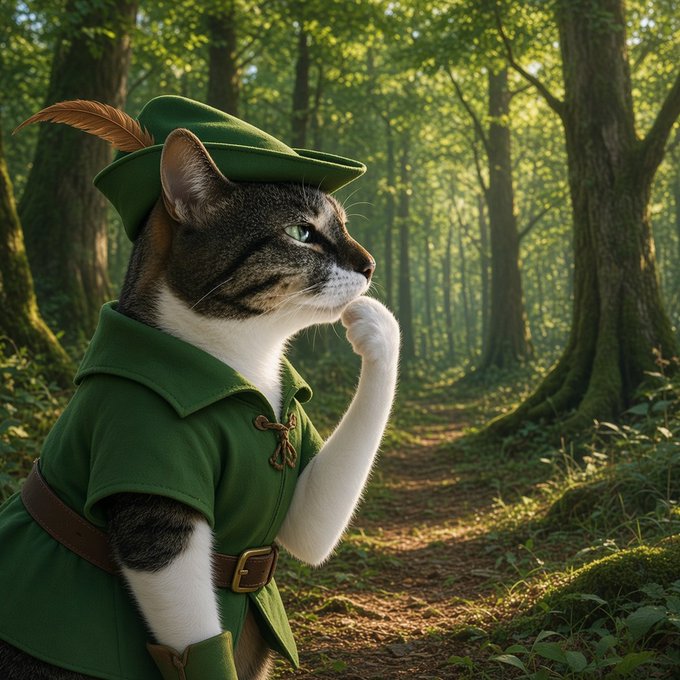 A cat dressed as Robin Hood stands thoughtfully in a sunlit forest, paw raised to its chin. The image cleverly evokes the post's theme of cats emerging as a leading "pack" this cycle, with the Robin Hood imagery symbolizing $HMM's resilient bounce from the lows as a standout community coin.