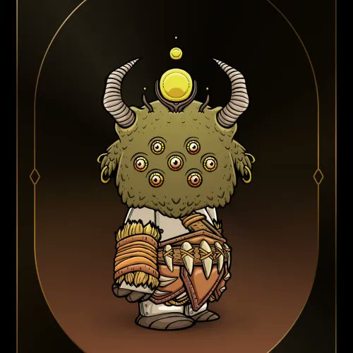 A chibi-style fantasy character with a green furry head, multiple eyes, horns, and a yellow orb on top, holding a shield with tooth-like spikes.