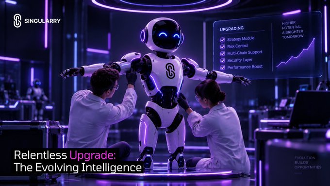 A futuristic promotional image for 'SINGULARARRY' showing a humanoid robot being upgraded by technicians, with an 'UPGRADING' checklist including Strategy Module, Risk Control, Multi-Chain Support, Security Layer, and Performance Boost, accompanied by the text 'Relentless Upgrade: The Evolving Intelligence.'