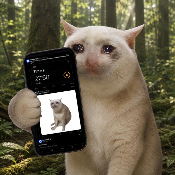 A white cat with teary eyes holds up a phone displaying the Coinbase app, where a timer shows "27:58" and a sad cat meme captioned "me on my nonths first" appears as the pinned post. The image humorously reflects the post's joke about Coinbase, likely poking fun at a delay or frustration with the platform—hence the "Crying Cat" meme showing sorrow.