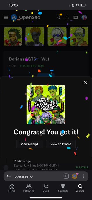 A mobile screenshot of the OpenSea platform showing a successful NFT mint with the message "Congrats! You got it!" for the "Dorians (GTD + WL)" collection.