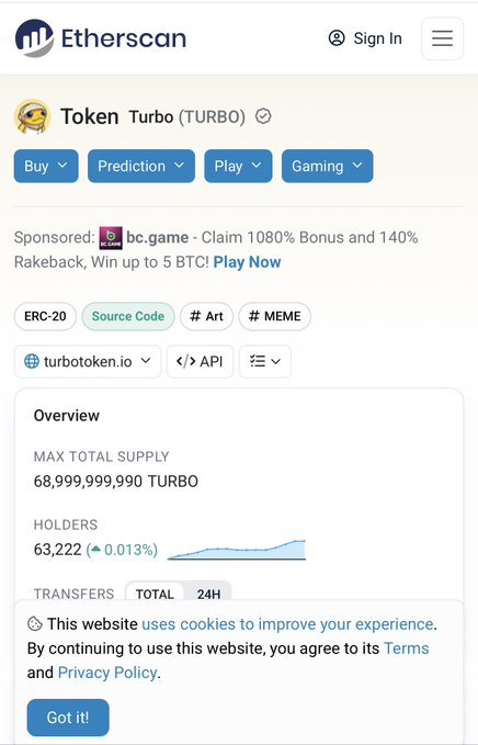 A screenshot of the Etherscan token page for 'Token Turbo (TURBO)' showing a max total supply of 68,999,999,990 TURBO and 63,222 holders.