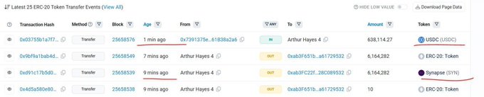 Screenshot of a blockchain explorer showing the latest 25 ERC-20 token transfer events, with transactions in USDC and Synapse (SYN) tokens, including addresses linked to "Arthur Hayes".