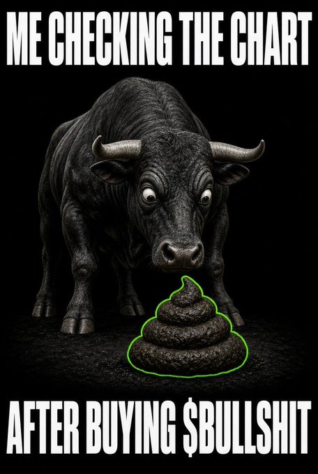 A meme showing a startled-looking black bull staring at a pile of poop with a green outline, with text reading "ME CHECKING THE CHART AFTER BUYING $BULLSHIT" at the top and bottom. The image humorously depicts the shock and regret of investing in a meme token called $BULLSHIT, playing on the post's reference to being among the few ("3%") who didn't lose money—or perhaps the unfortunate majority who did.