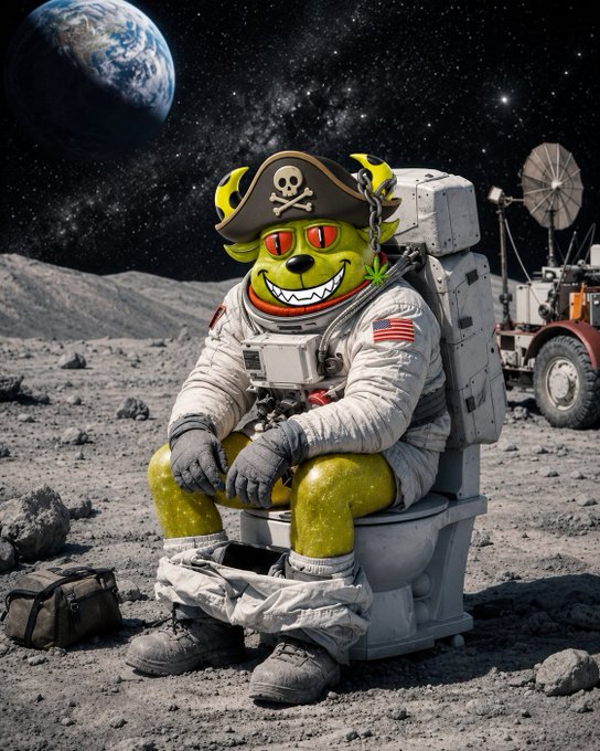 A whimsical image shows an astronaut with a green cartoonish face and a pirate hat sitting on a toilet on the moon's surface, with Earth visible in the starry sky above.