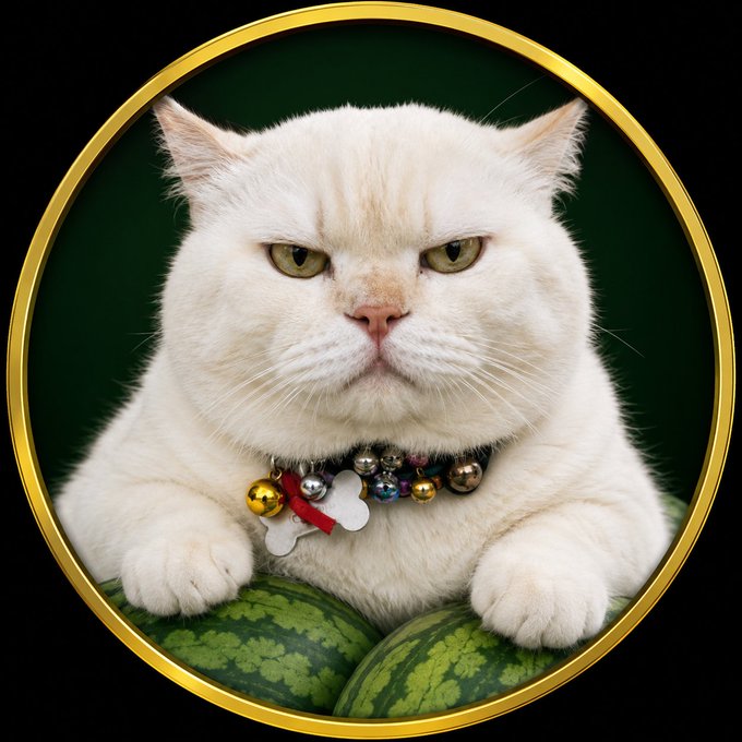 A stern white cat named Pearl wearing a bell collar poses atop watermelons within a gold-rimmed oval frame, reflecting her real-life role as the viral "watermelon supervisor" now immortalized as the $PEARL token (CA 0x4f1a76a88C1633f9151Ab16BDF4d937F9A65E97E).