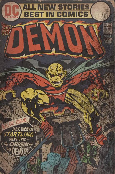 Cover of 'The Demon' DC comic book #1, featuring Jack Kirby's 'The Origin of the Demon' with the yellow and red demonic character looming over a castle.
