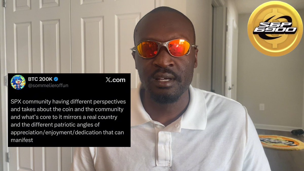 A man wearing orange-tinted sunglasses and a white polo shirt stands indoors, with a tweet overlay from 'BTC 200K (@sommelieroffun)' discussing SPX community perspectives mirroring patriotic angles. A 'SEP 6900' gold coin logo appears in the upper right.