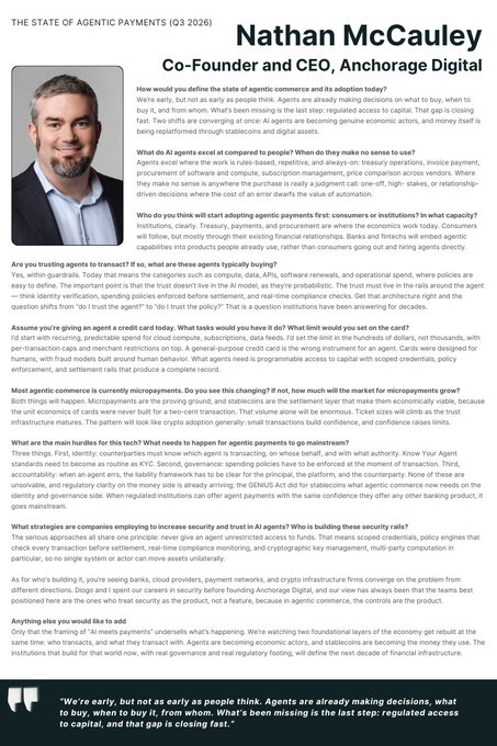 The image is a Q&A article titled "The State of Agentic Payments" featuring Nathan McCauley, Co-Founder and CEO of Anchorage Digital, alongside his photo, where he discusses how AI agents are becoming independent economic actors making decisions about purchases, compliance, and money movement, with key topics including AI agent ecosystems, micropayments, and regulatory considerations shaping the future of agentic commerce.