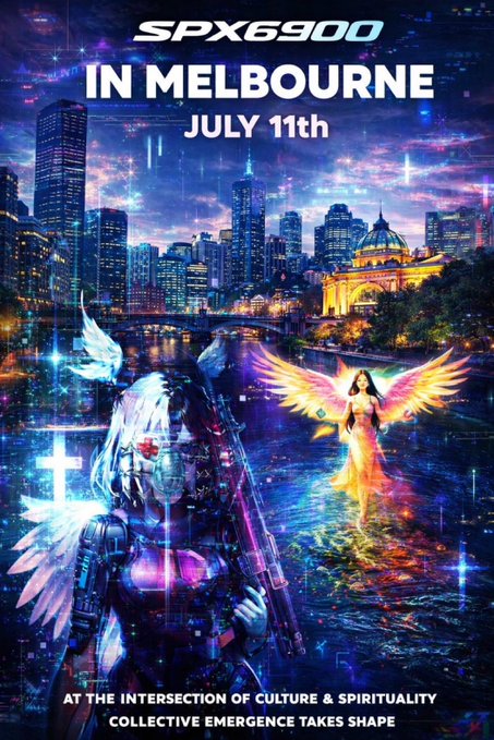 Event poster 'SPX6900 IN MELBOURNE JULY 11th' featuring cyberpunk angel figures against a neon-lit cityscape with the tagline 'AT THE INTERSECTION OF CULTURE & SPIRITUALITY COLLECTIVE EMERGENCE TAKES SHAPE.'