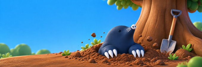 A blue mole character emerges from a hole in the ground next to a shovel and a tree, humorously visualizing the "polymole" branding of the Polymarket analysis tool that digs into market structures.