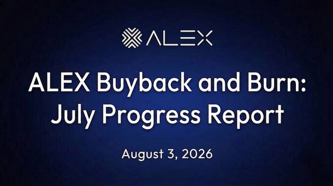 A banner image with a dark blue background displaying the ALEX logo at the top and white text reading "ALEX Buyback and Burn: July Progress Report" dated "August 3, 2026," serving as the header graphic for the report announcing that 12,827,774 $ALEX tokens were permanently burned through the buyback program during July 2026.