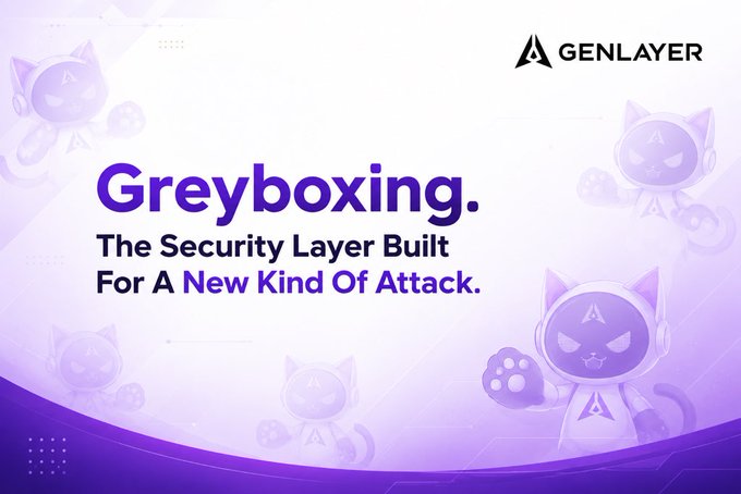 A promotional banner for 'GenLayer' advertising 'Greyboxing. The Security Layer Built For A New Kind Of Attack.' with cartoon cat mascots.