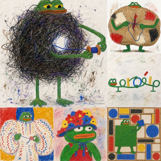 A collage of five child-like crayon and pencil drawings of green frogs in various scenarios, including one holding a ball of yarn and another in a flower hat.