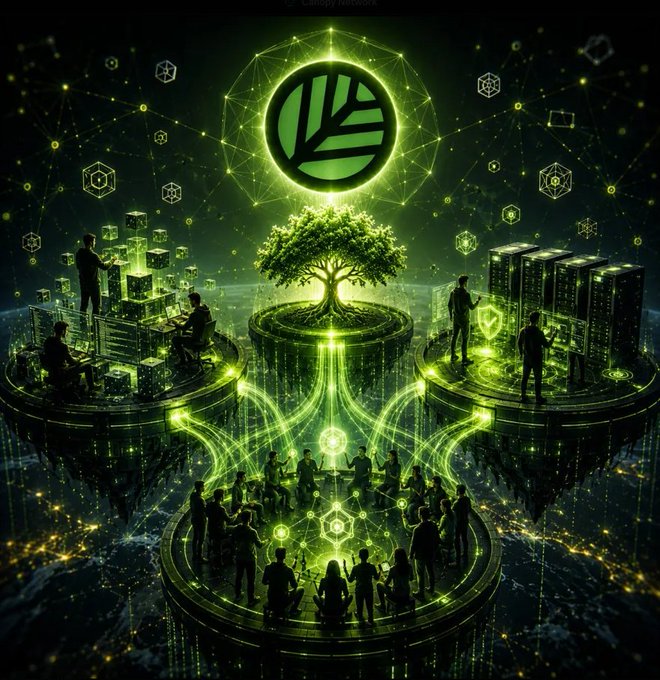 A futuristic digital artwork featuring a glowing green tree with a leaf logo in a circular frame above, with silhouettes of people working on platforms connected by flowing green energy streams, suggesting an eco-friendly cryptocurrency network.