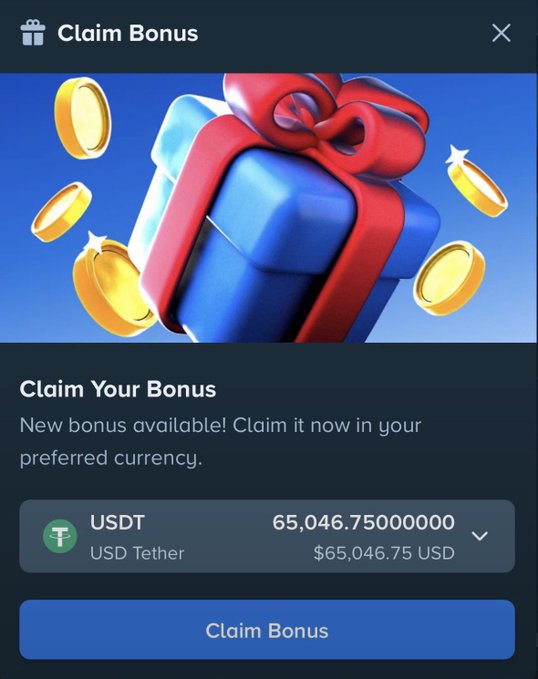 A "Claim Bonus" pop-up displays a wrapped gift box with gold coins, offering 65,046.75 USDT (approximately $65,046.75 USD) in the preferred currency, with a button to claim the reward. The image aligns with the post promoting a bonus giveaway on Stake, where users can potentially win prizes by submitting their username.