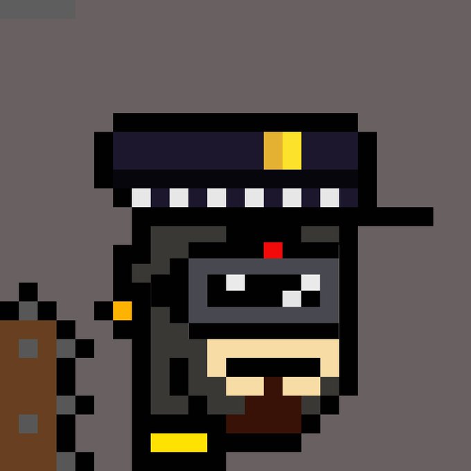 A pixel art character resembling a police officer with a dark cap featuring a yellow stripe, wearing a black uniform.
