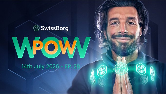 A promotional graphic for SwissBorg's 'WPŌŌW' episode 28, dated 14th July 2026, featuring a smiling bearded man with holographic hexagonal icons emerging from his hands.