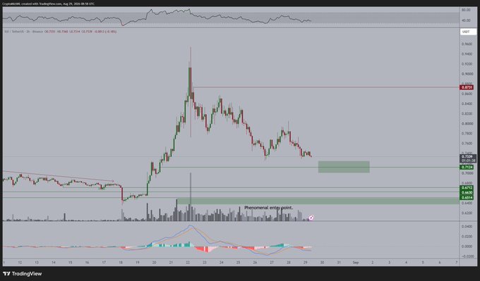 A TradingView chart of $SUI/USDT on Binance displays a sharp price spike to around $0.97 followed by a corrective downtrend, with annotated "Phenomenal entry point" zones near $0.68 and $0.70 support levels, alongside MACD and volume indicators suggesting potential for one final drop before reversing upward. The visible price levels (~$0.72 current, ~$0.87 resistance, and entry zones) align with the post's expectation of one more dip before an uptrend resumes.
