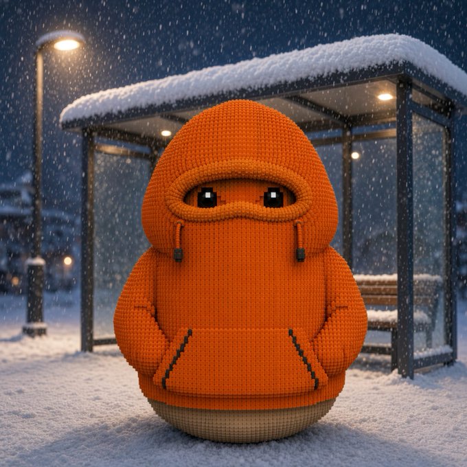 A small pixelated character wearing an oversized orange hoodie sits at a snowy bus stop at night during a snowfall.