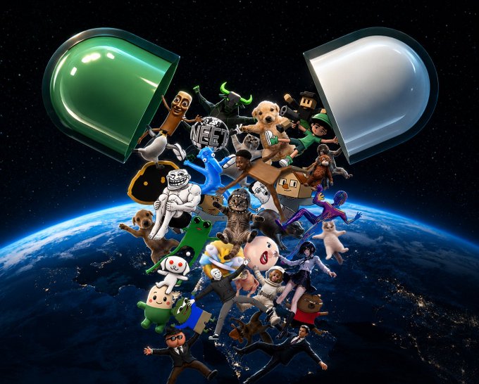 A surreal digital artwork showing various internet memes, cartoon characters, and figures spilling out from a giant broken pill capsule in space above Earth.