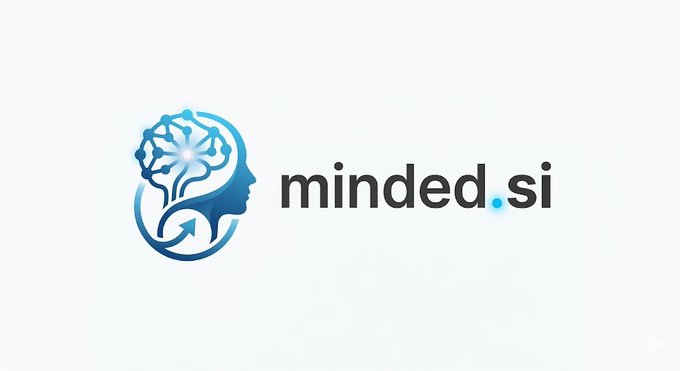 The image shows an infographic titled "Minded.si" with a blue logo at its center, featuring a brain and lines that represent intelligence. The text on the screen explains that this is a social media post about Minded.si, focusing on its goals of capturing attention and acquiring users through content such as posts.
