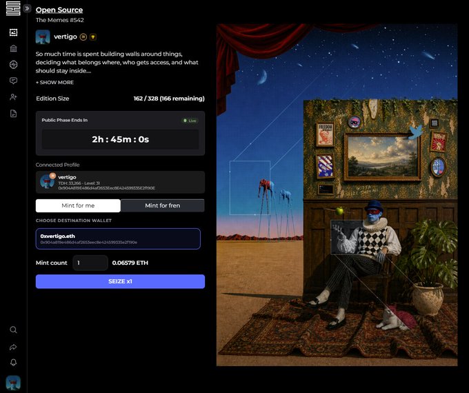 An NFT minting page for 'Open Source' The Memes #542 by 'vertigo', showing a public mint phase timer at 2h:45m:0s, a price of 0.06579 ETH, and artwork of a seated figure in a room with surreal desert elements.