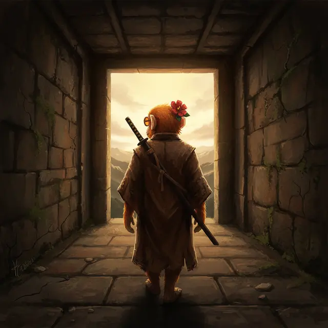 A lone, sword-carrying figure stands at the threshold of an ancient stone corridor, gazing out toward a vast, sunlit horizon beyond. The image mirrors the post's quiet, steady ethos—urging builders to commit to the work itself, not the spectacle, embodying the discipline of simply showing up.