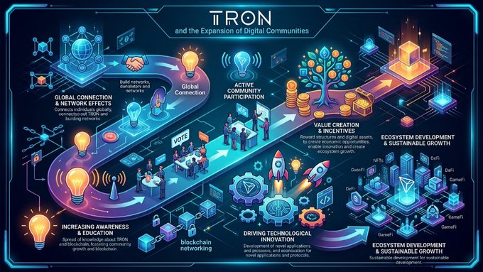 A vibrant digital infographic titled "TRON and the Expansion of Digital Communities" illustrating key themes including Global Connection & Network Effects, Active Community Participation, Value Creation & Incentives, Ecosystem Development & Sustainable Growth, Increasing Awareness & Education, and Driving Technological Innovation, with labels referencing blockchain networks, NFTs, DeFi, GameFi, and tokens such as GuenFi, DoFi, and GameFi. The image visually reinforces the post's message by depicting how community engagement, connectivity, and innovation fuel TRON's expanding blockchain ecosystem.