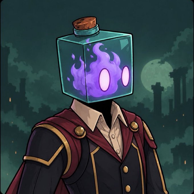 An illustrated figure with a square glass bottle containing purple flames for a head, wearing a formal dark uniform with gold trim, red sash, and white shirt, set against a dark sky with a full moon and ruined columns.