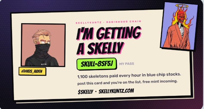 A promotional graphic for 'SKELLYKUNTZ' on the Robinhood Chain reads 'I'M GETTING A SKELLY' with the pass 'SKULL-8SF5J' and mentions '1,100 skeletons paid every hour in blue chip stocks.'