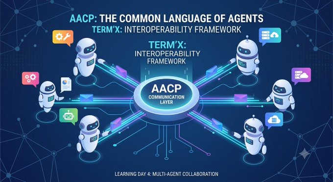 Infographic titled 'AACP: THE COMMON LANGUAGE OF AGENTS' and 'TERM'X: INTEROPERABILITY FRAMEWORK,' featuring robots connected to a central 'AACP COMMUNICATION LAYER.' Text reads 'LEARNING DAY 4: MULTI-AGENT COLLABORATION.'