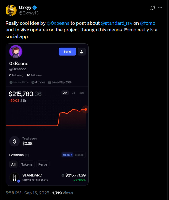 A tweet from Oxxyy (@Oxxyy13) discusses Fomo as a social app and shows a trading portfolio screenshot with $215,780 value and a +27.86% position in STANDARD.
