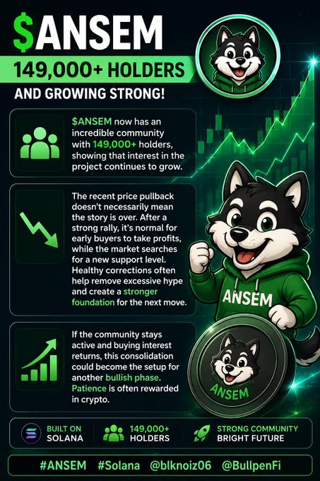 A cryptocurrency promotional graphic for $ANSEM on Solana, featuring a husky mascot and text highlighting '149,000+ HOLDERS AND GROWING STRONG!' with hashtags #ANSEM, #Solana, @blknoiz06, and @BullpenFi.