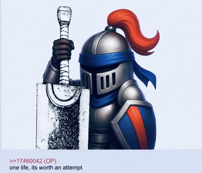 An armored knight with a red plume raises a sword and shield, captioned "one life, its worth an attempt," symbolizing a valiant fight for crypto principles and the support of innovative projects like Monad.