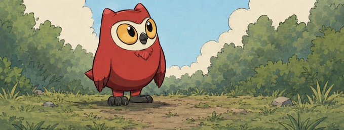 A cute cartoon illustration of a red owl with large yellow eyes standing on a dirt path in a green forest setting with bushes and trees in the background.