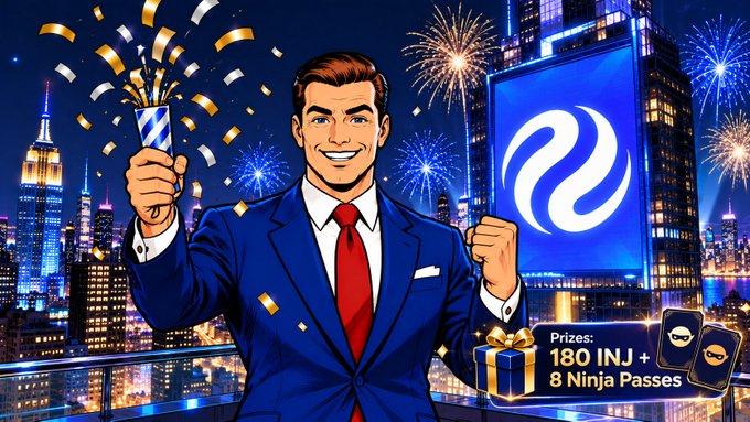 A cartoon illustration of a smiling man in a blue suit holding confetti, with a city skyline, fireworks, and a screen displaying a logo behind him; text reads 'Prizes: 180 INJ + 8 Ninja Passes'.