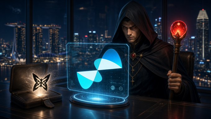 A digital artwork depicting a hooded figure holding a staff with a glowing red orb, sitting at a table displaying a blue and white logo on a holographic screen, with a butterfly symbol in a case nearby.