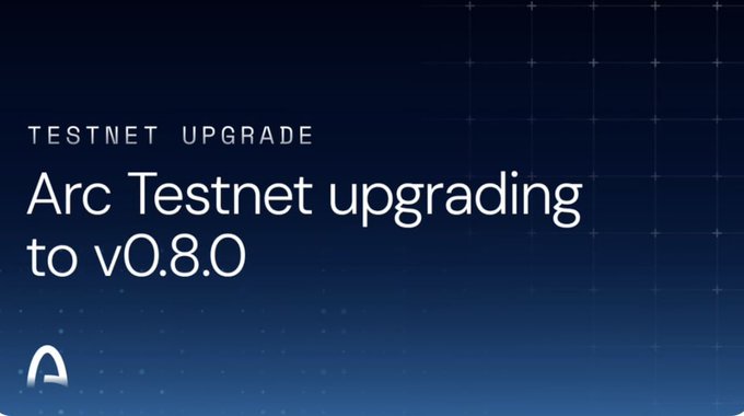 A blue banner announcing a 'TESTNET UPGRADE' for the 'Arc Testnet upgrading to v0.8.0'.