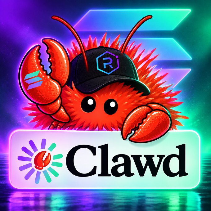 A vibrant digital illustration shows a red spiky crab mascot wearing a black cap with an "R" logo, accompanied by a lobster, and the word "Clawd" displayed below with a colorful loading-style icon.