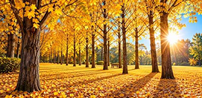 A vibrant autumn park scene with golden yellow leaves covering trees and the ground, illuminated by bright sunlight streaming through the branches.