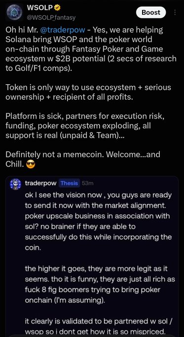 X/Twitter thread from @WSOLPfantasy and @traderpow discussing WSOLP token and Solana-based Fantasy Poker with $2B potential, debating its legitimacy and valuation.