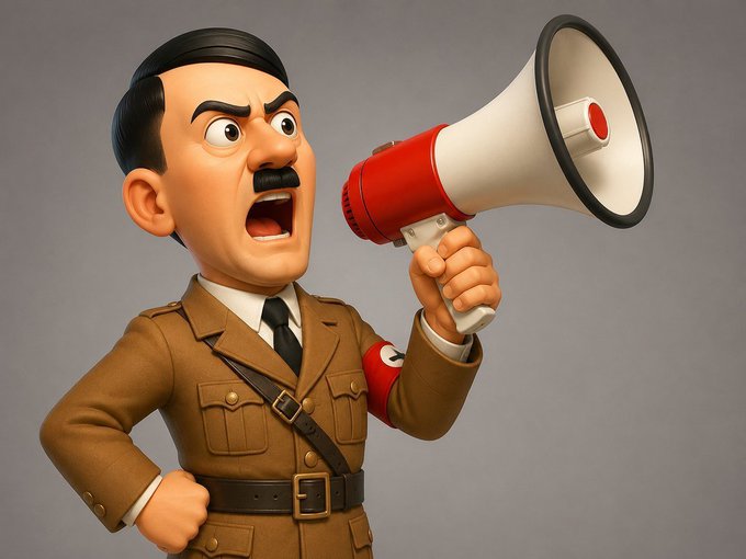 A 3D-rendered cartoon figure of an angry man with a mustache wearing a brown military-style uniform with a swastika armband, shouting into a red and white megaphone.
