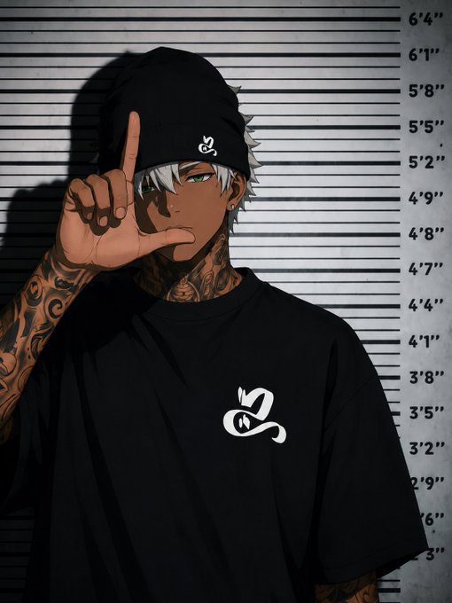 An anime-style character with silver hair and neck tattoos poses against a height chart mugshot backdrop, wearing a black beanie and shirt both featuring an "S" snake logo. The edgy streetwear aesthetic and "Gm CT" greeting complement a casual Taco Tuesday vibe, with the stylized portrait serving as a bold personal brand visual.