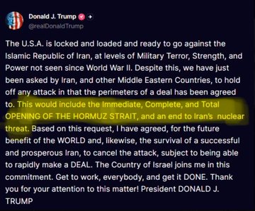 The image shows a tweet from Donald J. Trump (@realDonaldTrump) stating that the U.S.A. has secured a deal with Iran to fully reopen the Strait of Hormuz and end Iran's nuclear threat, in exchange for canceling an attack. This aligns with the accompanying post's framing of a confirmed US-Iran deal that removes the Strait closure risk premium, supporting a risk-on rally in crypto and a pullback in oil prices as the geopolitical threat to global shipping and the proposed 20% toll dissolves.
