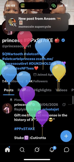 A mobile screenshot of the X (formerly Twitter) app displaying a profile for 'princess#PPxSTAKE' (@princesscutie1), featuring balloons floating over the interface, and text references to 'memeoin supercycle', '#sl0tcoffe', '#DUKOHOLDER', and 'Stake ID: Cutiretta'.