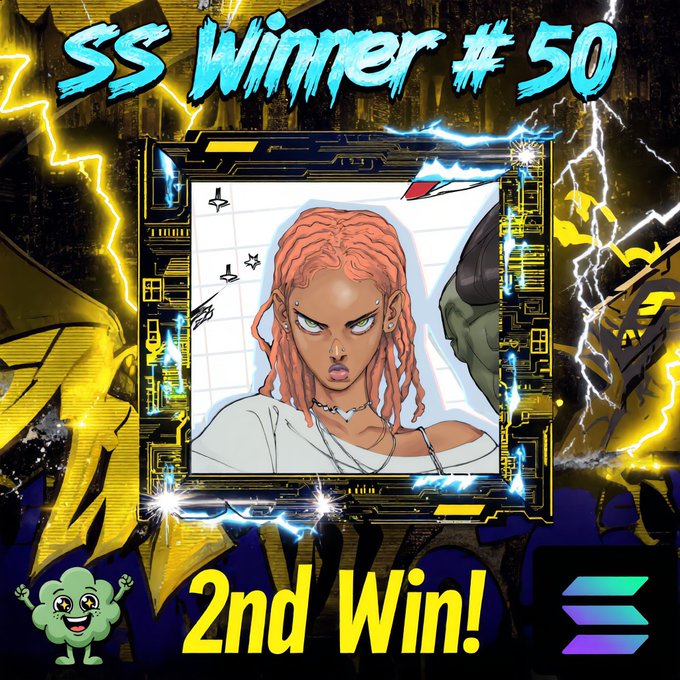 A vibrant "SS Winner #50" celebratory graphic with bold blue text announces a "2nd Win!" achievement, featuring an anime-style character with braided hair inside a glowing gold and blue frame surrounded by lightning effects—visually highlighting the milestone tied to @Crypto_d0c_X's contest win.