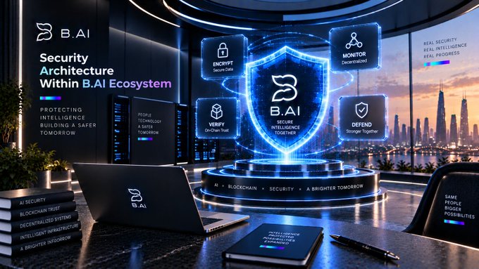 A 3D-rendered graphic showcasing 'B.AI Security Architecture' with a central glowing blue shield and surrounding icons for 'ENCRYPT', 'VERIFY', 'MONITOR', and 'DEFEND', set on a futuristic desk.