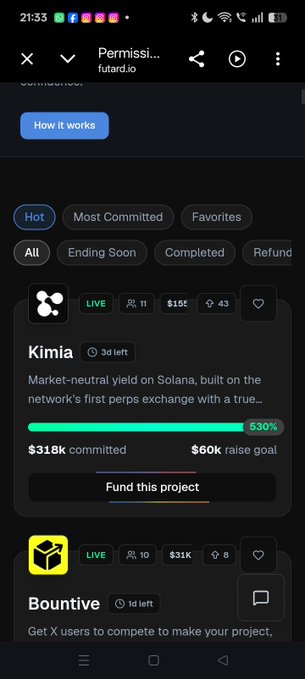 A mobile app screenshot showing a "Permission" page for future:io, featuring funding projects like "Kimia" with $318k committed toward a $60k raise goal at 530%, and "Bountie" with $31K.