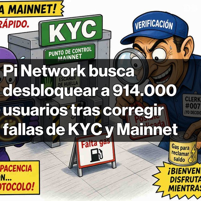 A cartoon illustration shows a man with a magnifying glass inspecting a KYC checkpoint, with an overlay reading 'Pi Network busca desbloquear a 914.000 usuarios tras corregir fallas de KYC y Mainnet.'
